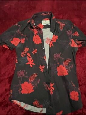 Father & sons L stretch slim Black Short-Sleeve Shirt with Red Floral Print